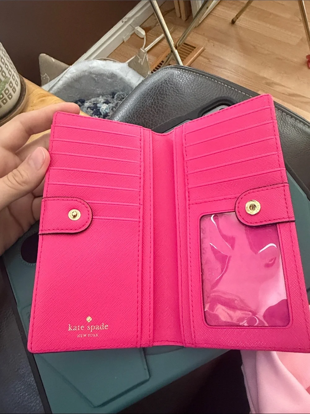 kate spade hot pink Saffiano wallet with gold logo plaque